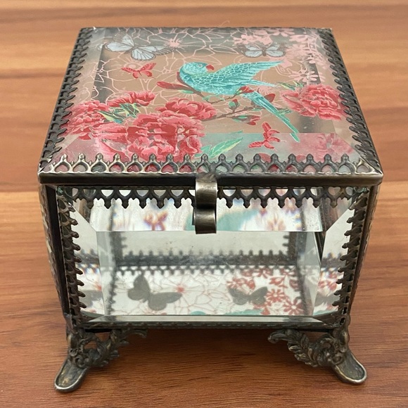 NICOLE MILLER Bird Flowers & Butterflies Ormolu Beveled Glass Jewelry Box - Picture 1 of 15